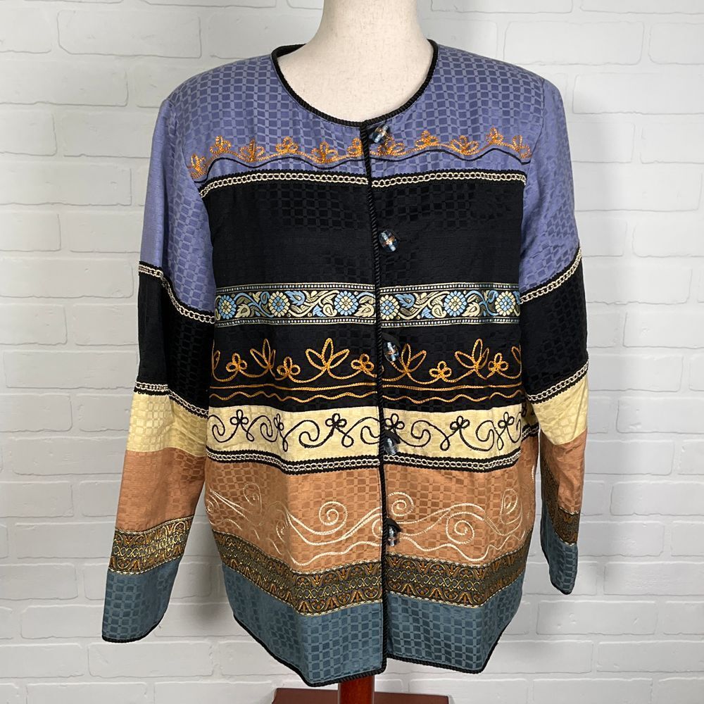 Julia Kim Jacket Women M Blue Black Gold Floral Embroidery Quilt Boho Asian